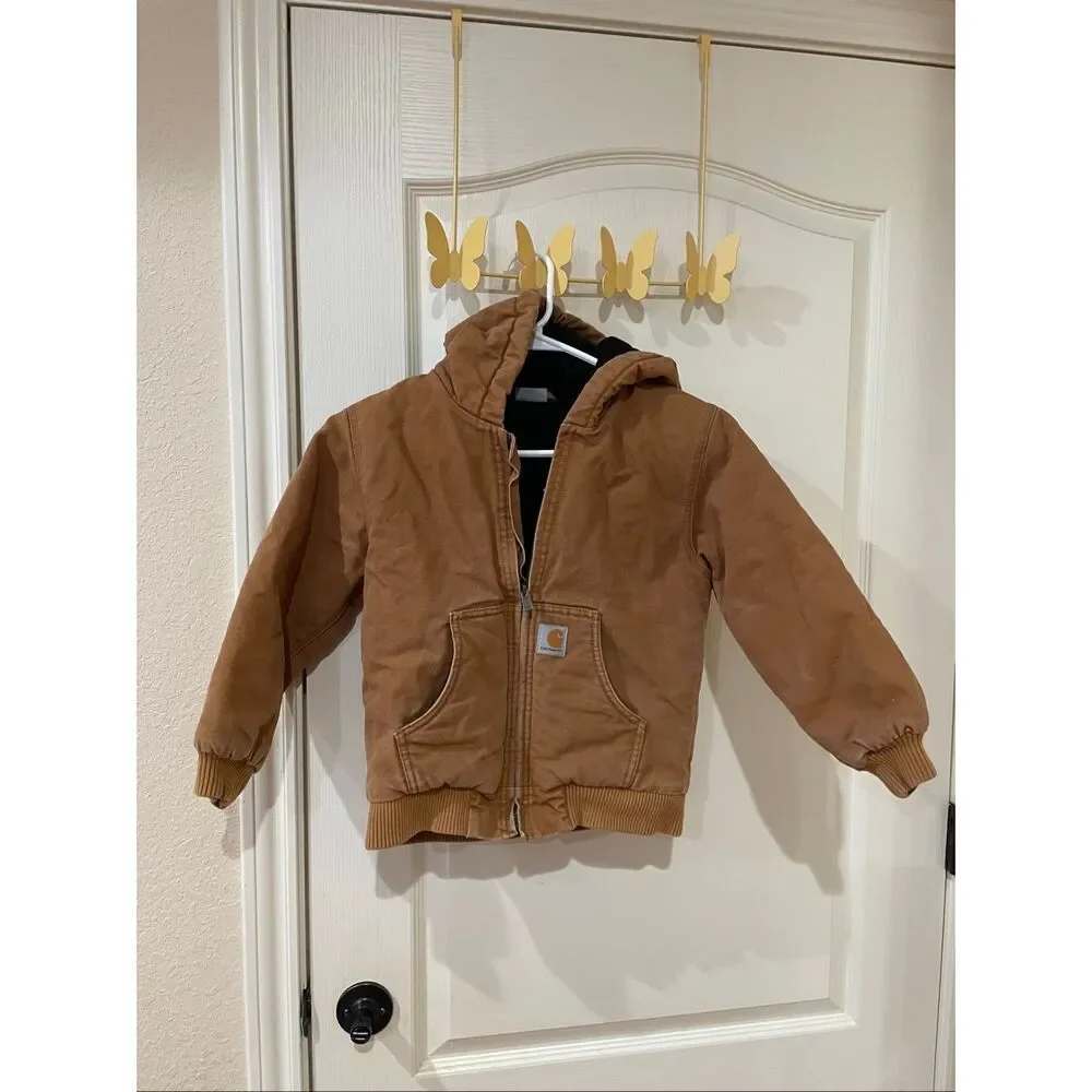 Carhartt Boys' Hooded Insulated Active Jacket in brown duck canvas small
